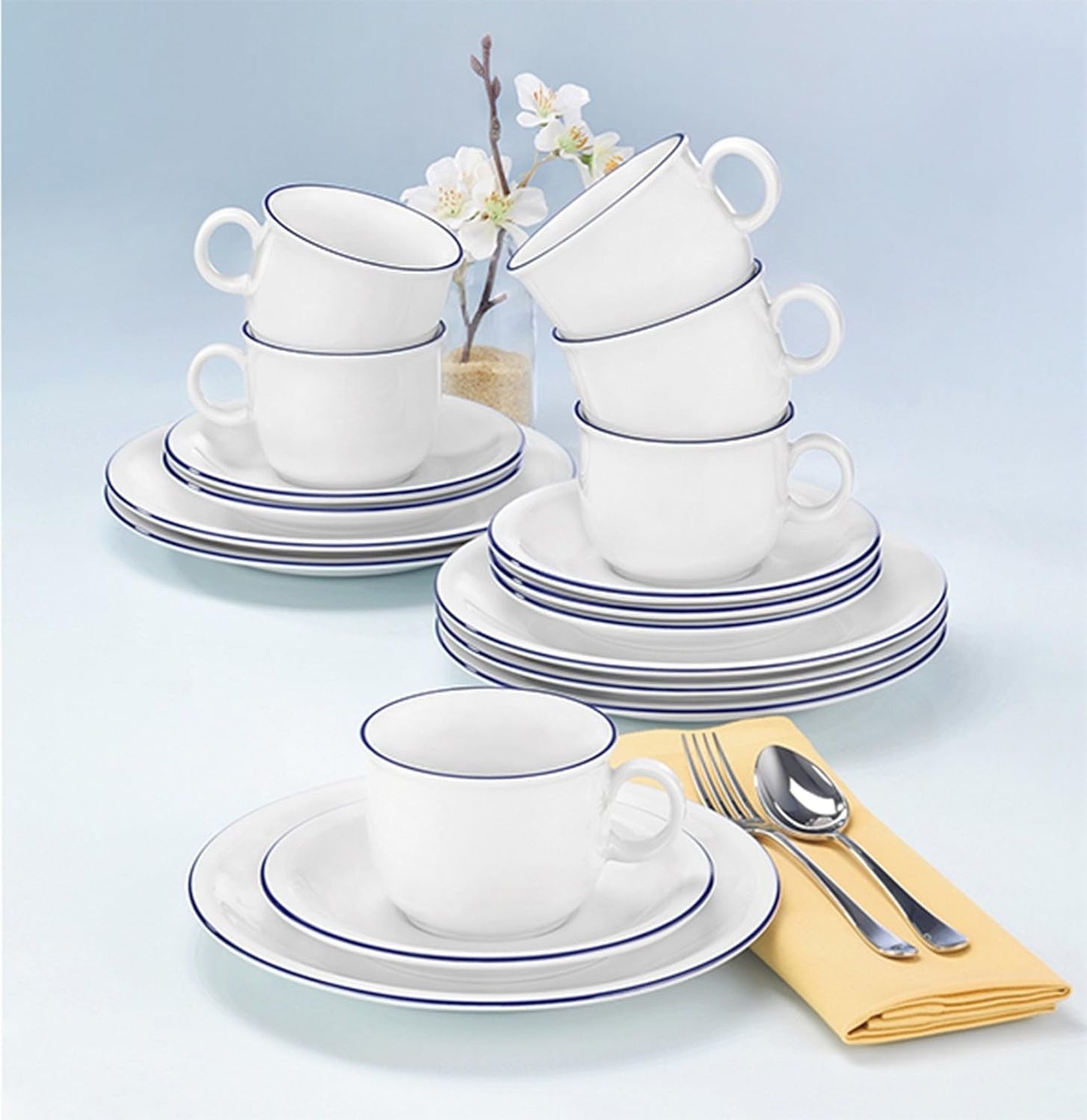 Servicio de café Seltmann Weiden de 18 piezas | Serie compacta, borde azul | El juego incluye 6 platos de desayuno, 6 tazas de café y 6 platillos, azul.