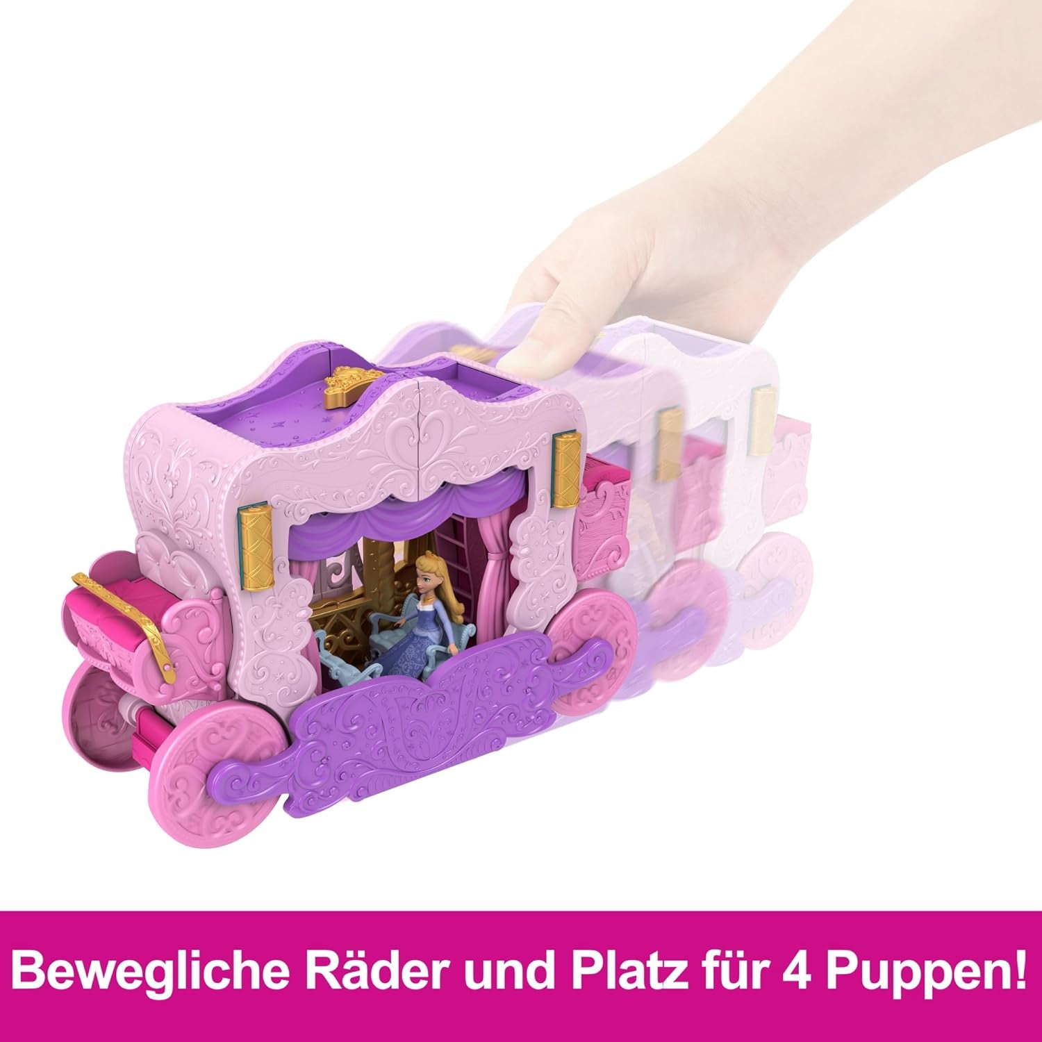 Mattel Disney Princess Transformation Playset Carriage to Castle con Aurora Mini Doll, 3 niveles, 6 áreas de juego, 4 figuras, muebles y accesorios HWX17