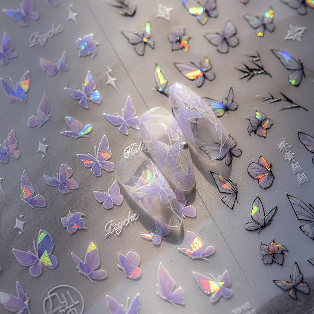 2 Blätter Schmetterling Nagelsticker Selbstklebend,Muschel Glitzer Nail Art Mariposas Adhesivos para uñas Lila Grau Schmetterlinge Nagelaufkleber Relieve Láser Mariposas Nagel Adhesivo Nageldesign Zubehör