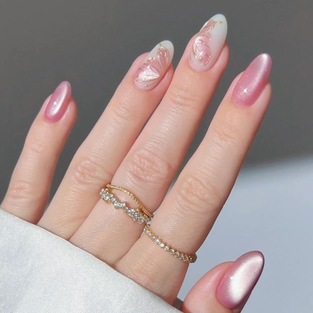 Moonglow Uñas Postizas Magnéticas Cortas, Rosa Almendra Rojo Degradado Brillo Ojo de Gato con Pegamento, Rosa Rojo Ombre Brillo Fototerapia Uñas Artificiales para Mujeres y Niñas