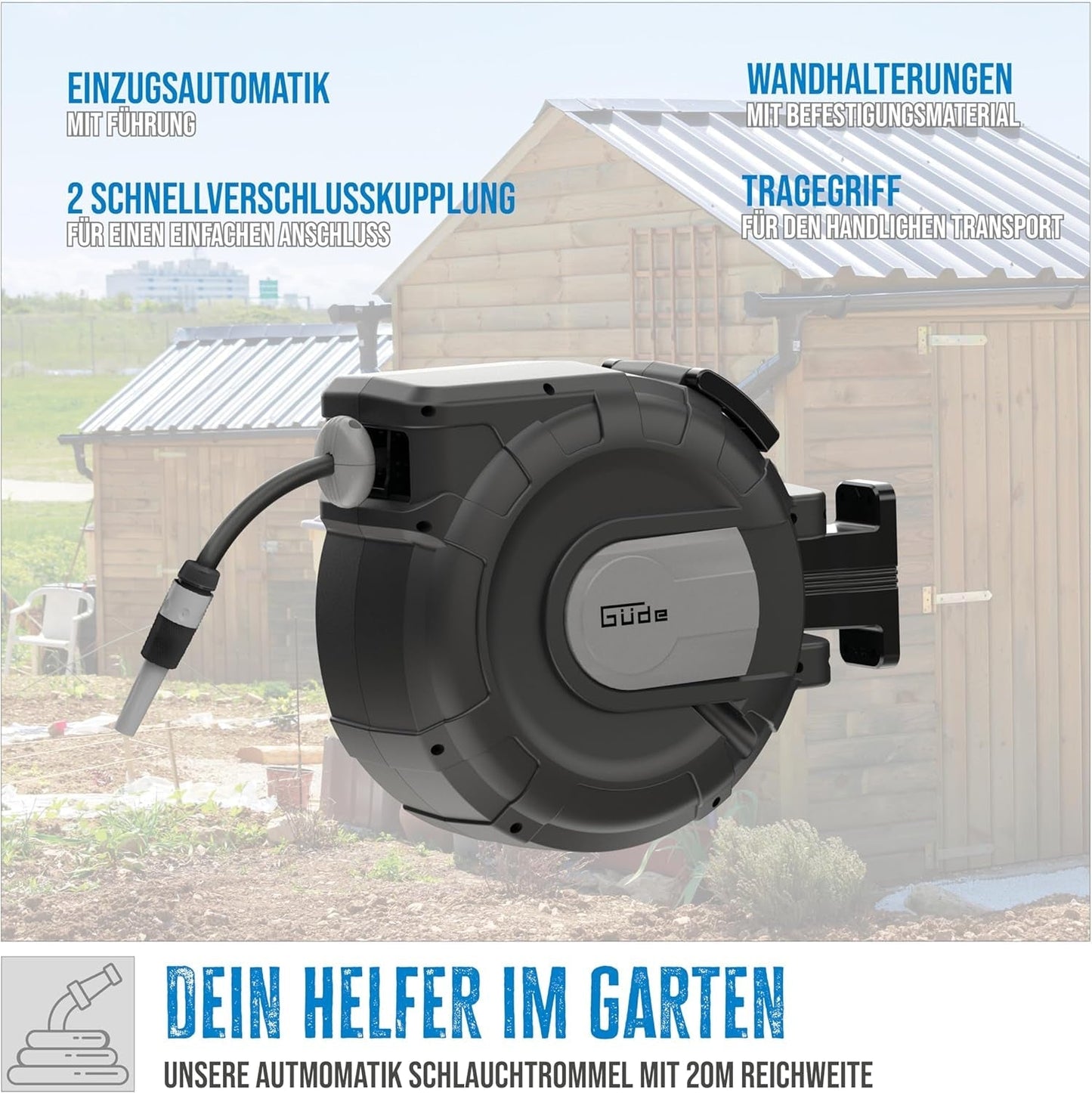 Enrollador de manguera automático Güde 20-2-2 1/2 (para montaje en pared, rotación de 180°, manguera de 20 m, rociador de agua, soporte de pared, retracción automática, tope de retracción, asa de transporte, 2 acoplamientos rápidos)
