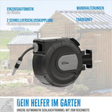 Enrollador de manguera automático Güde 20-2-2 1/2 (para montaje en pared, rotación de 180°, manguera de 20 m, rociador de agua, soporte de pared, retracción automática, tope de retracción, asa de transporte, 2 acoplamientos rápidos)