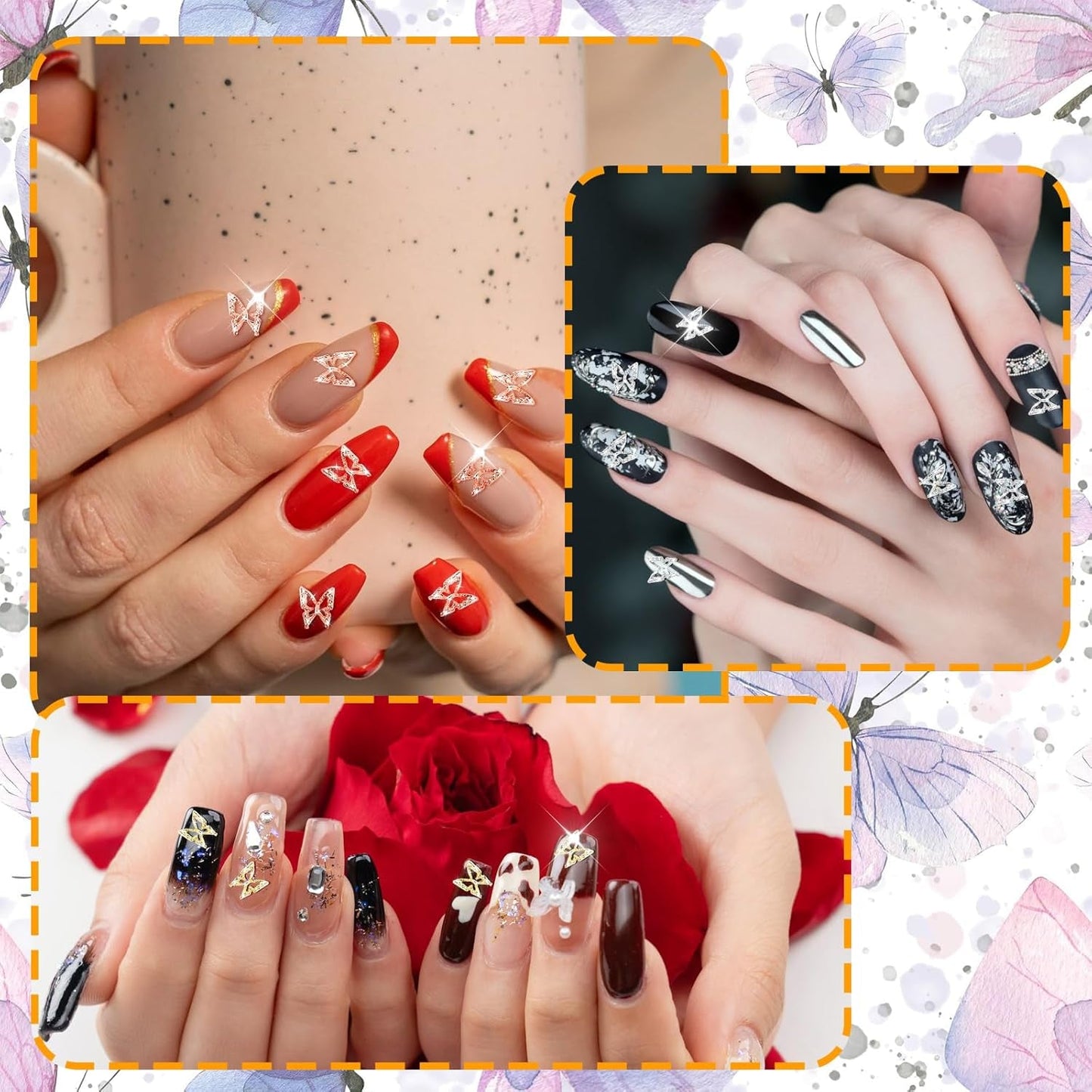80 piezas 3D mariposa uñas encantos aleación mariposa oro plata brillo decoración uñas joyería accesorios DIY manicura para mujeres