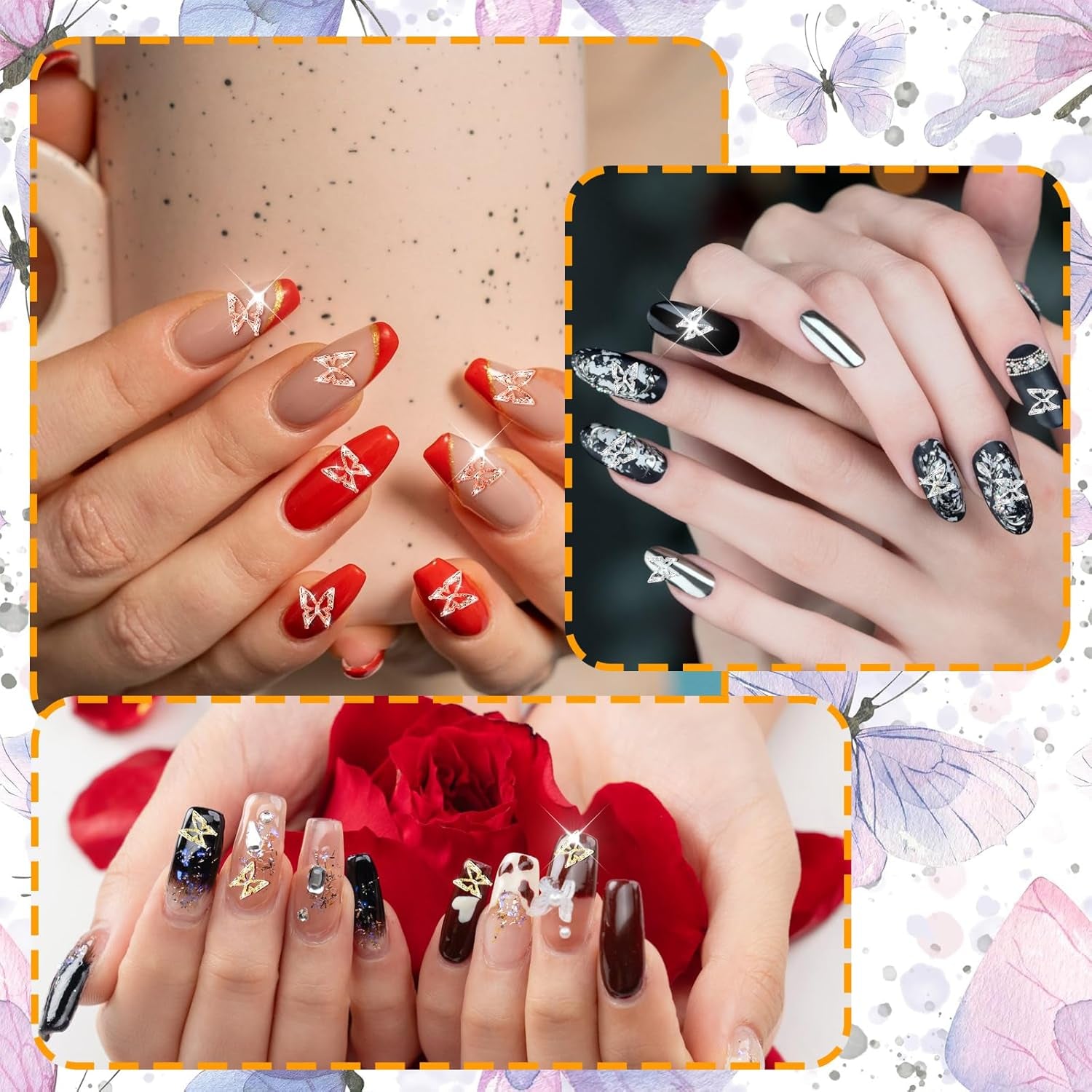 80 piezas 3D mariposa uñas encantos aleación mariposa oro plata brillo decoración uñas joyería accesorios DIY manicura para mujeres
