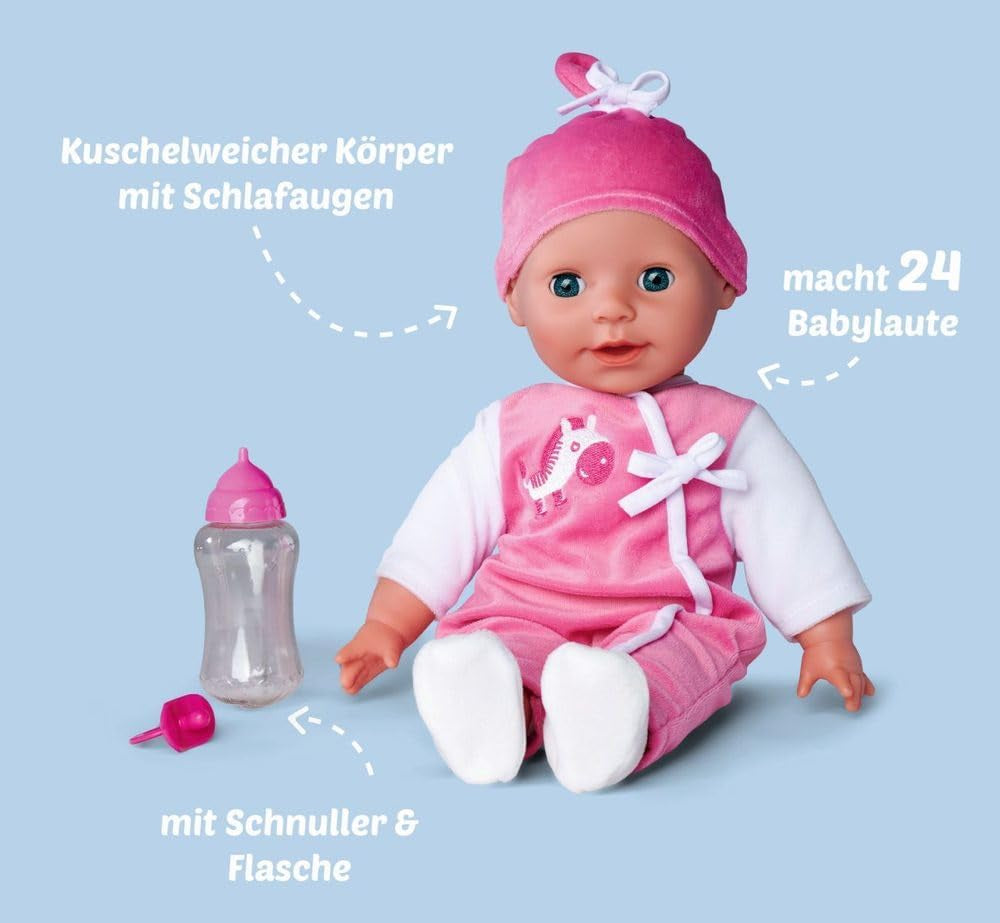 Simba 105140489 - Muñeca Laura Baby Talk, Muñeca de cuerpo suave de 38 cm con ojos soñolientos y mono lindo, 24 sonidos de bebé, Muñeca de juego, Muñeca bebé, Edad 2+