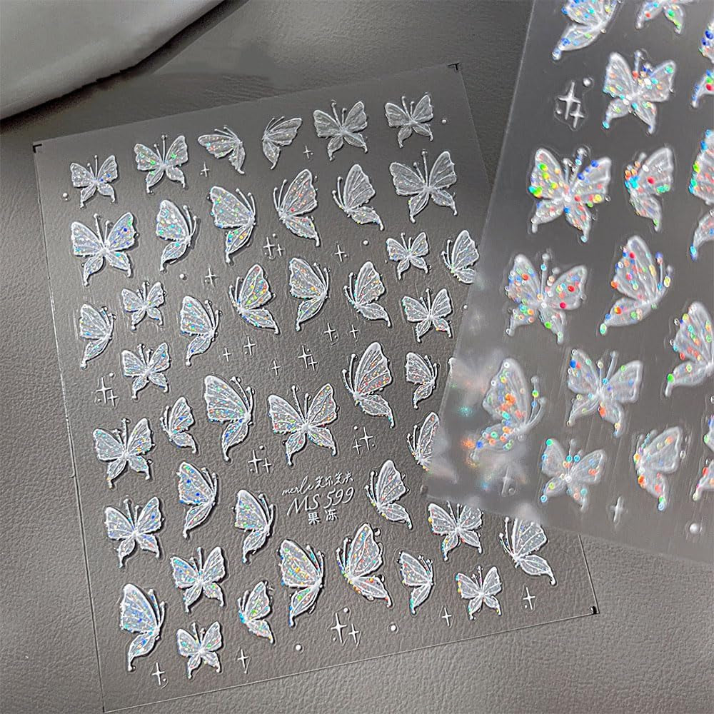 Aurora Muschel Schmetterling Nagelsticker Weiß Schmetterlinge Nail Sticker Gelee Relief Butterfly Nagelaufkleber Y2K Mariposas Nagel Sticker Nägel Nageldesign Nagel Zubehör Nail Art Stickers Nailart