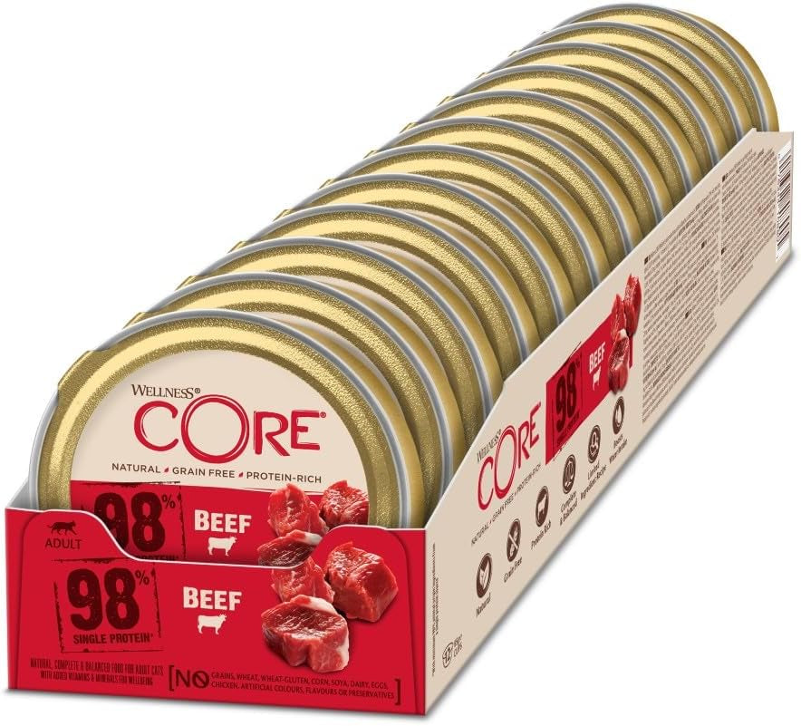 Wellness CORE 98% 12 x 85g, Carne de Vacuno - Comida húmeda para gatos, paté espeso, sin cereales, natural, hipoalergénico, alto en proteínas, alto en carne