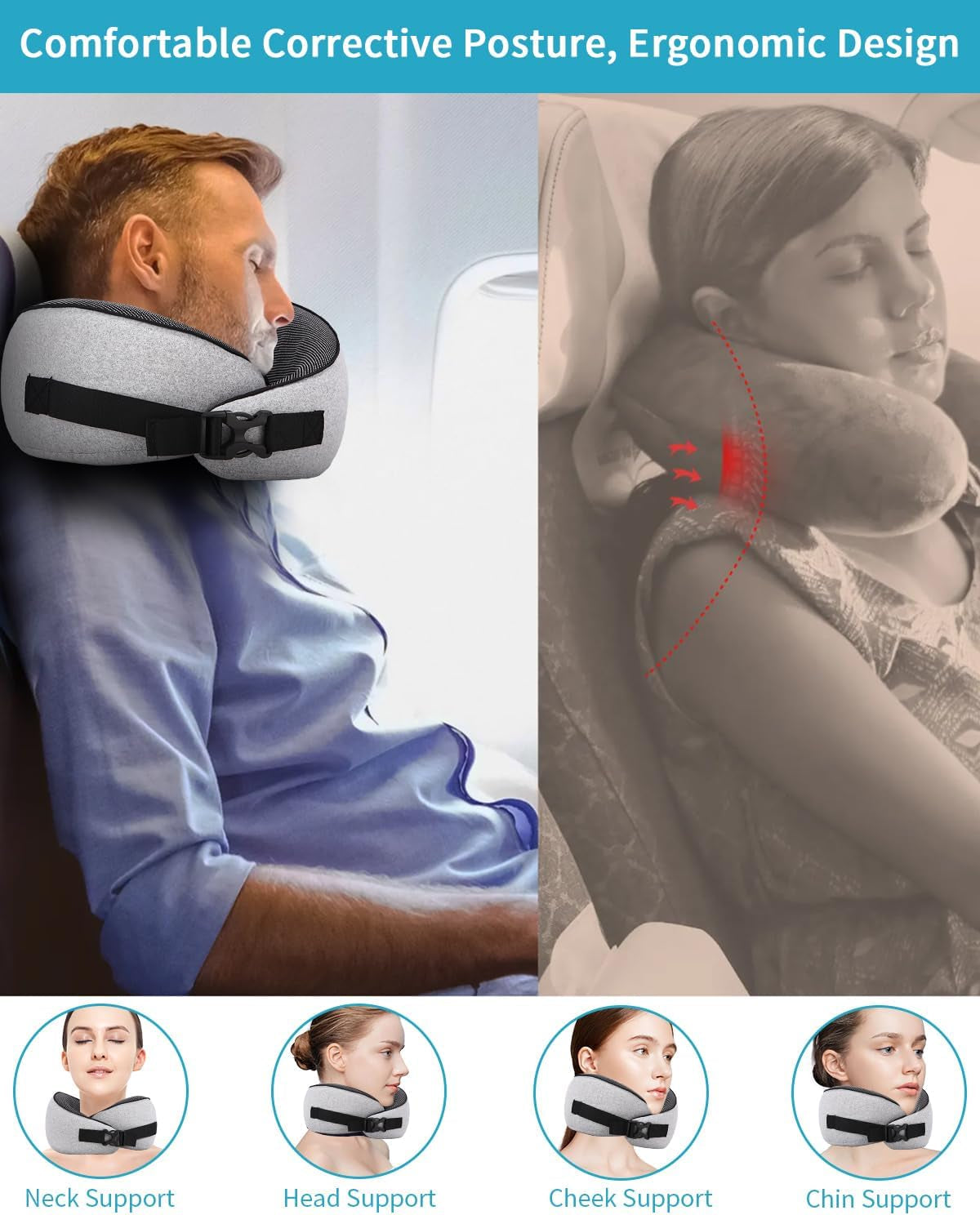 Almohada de cuello de avión, almohada de viaje de espuma viscoelástica, almohada de cuello para adultos, almohada de avión lavable ajustable, almohada de viaje ergonómica (gris) Almohadas ortopédicas cervicales Naty Shop