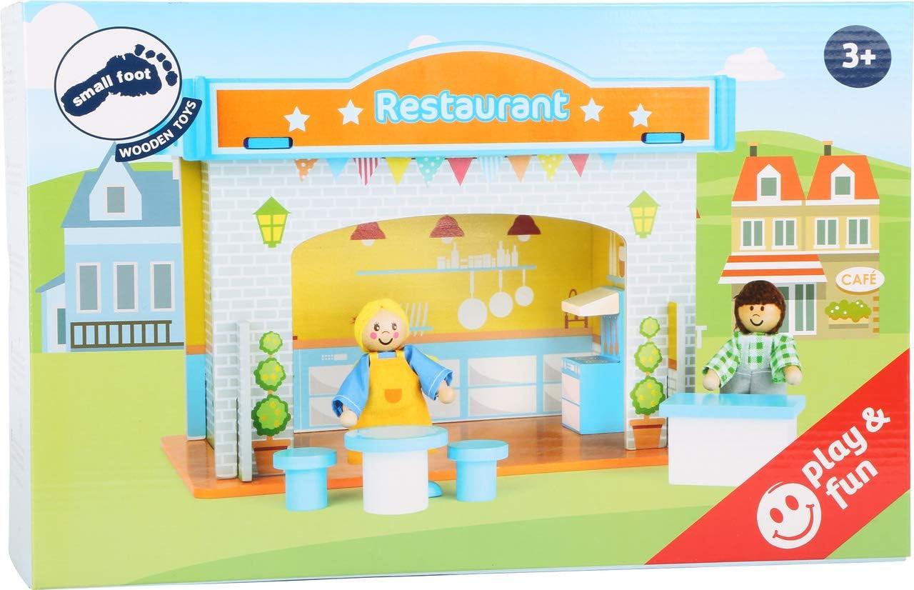 Small Foot 10852 Casa de Juegos Restaurante Fabricada en madera, Con 2 figuras de muñecos, accesorios y techo desmontable, A partir de 3 años Naty Shop Casas de muñecas