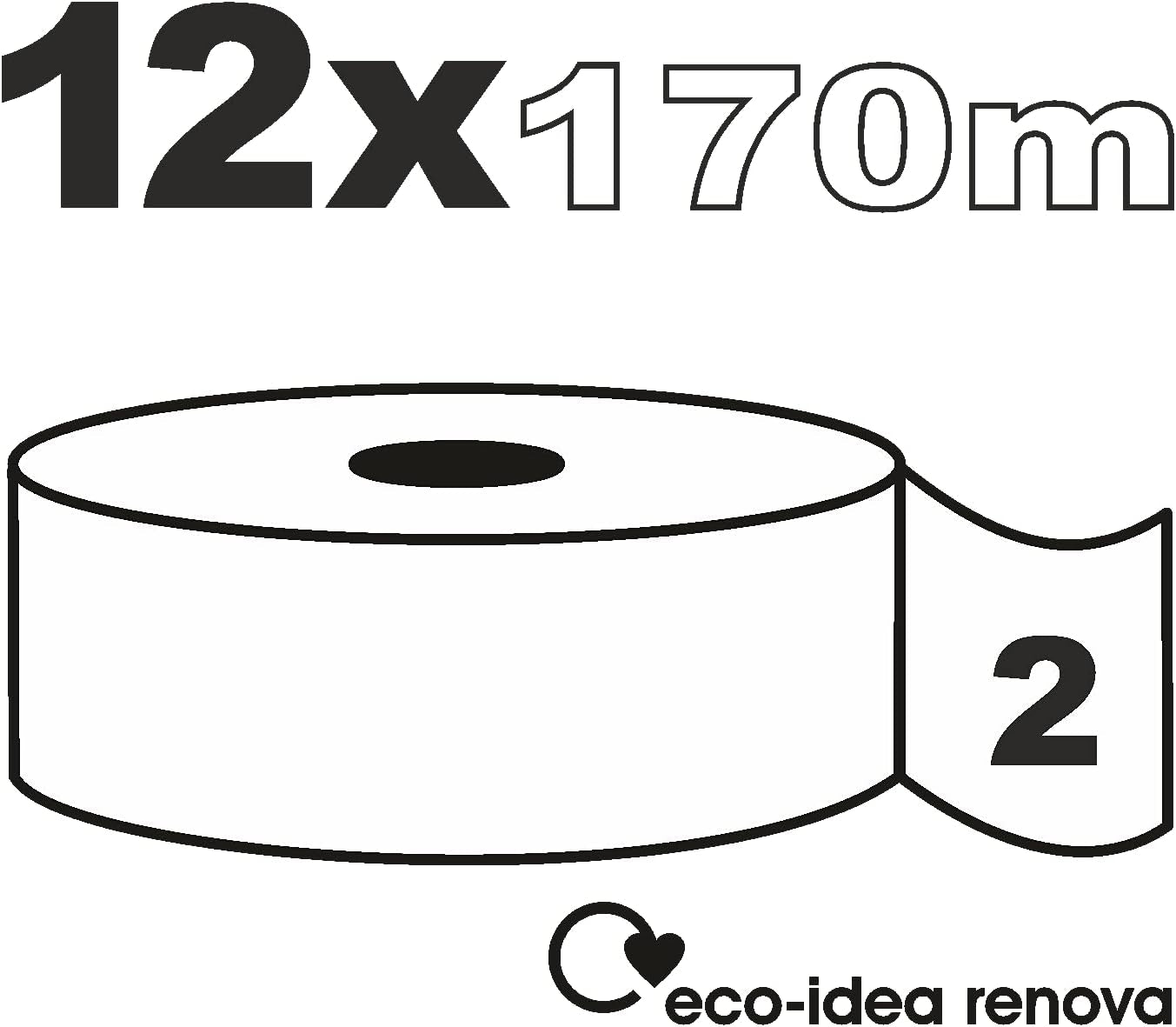 Papel higiénico Renova Jumbo BLK, 12 rollos a 170 M, papel blanco, 2 capas