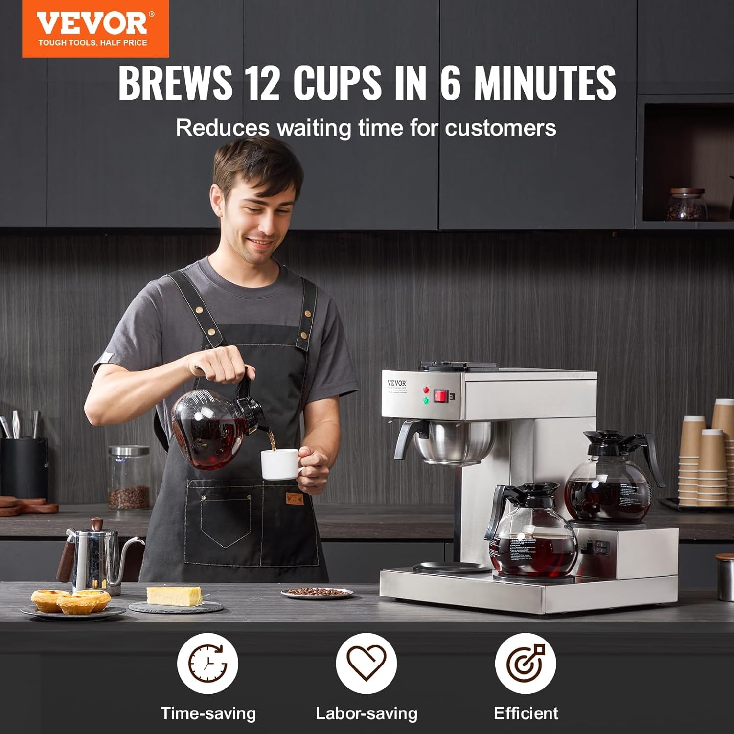 VEVOR Cafetera espresso comercial con filtro de 12 tazas con 3 garrafas de vidrio y 3 placas calefactoras Máquina de espresso de acero inoxidable con suministro automático de agua para restaurante, oficina, cafetería