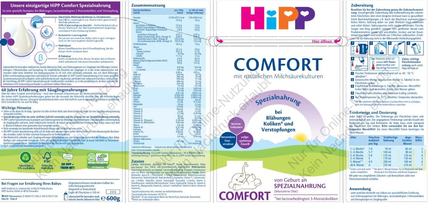 Fórmula especial HiPP Comfort (4 x 600 g), desde el nacimiento, con contenido reducido en lactosa, para el tratamiento dietético de los cólicos, la hinchazón y el estreñimiento.