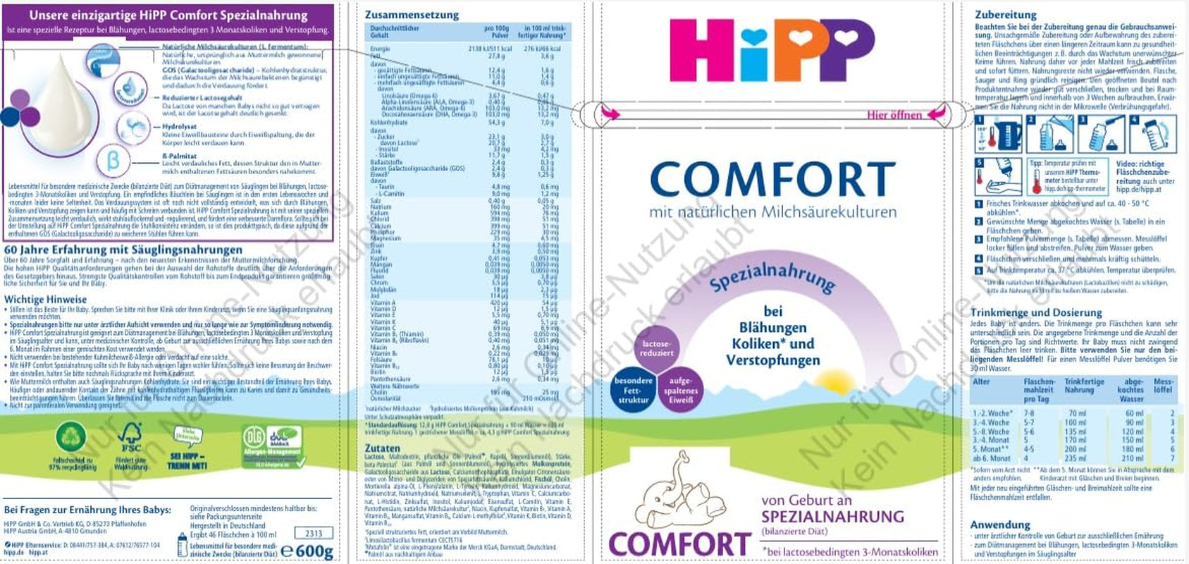Fórmula especial HiPP Comfort (4 x 600 g), desde el nacimiento, con contenido reducido en lactosa, para el tratamiento dietético de los cólicos, la hinchazón y el estreñimiento.
