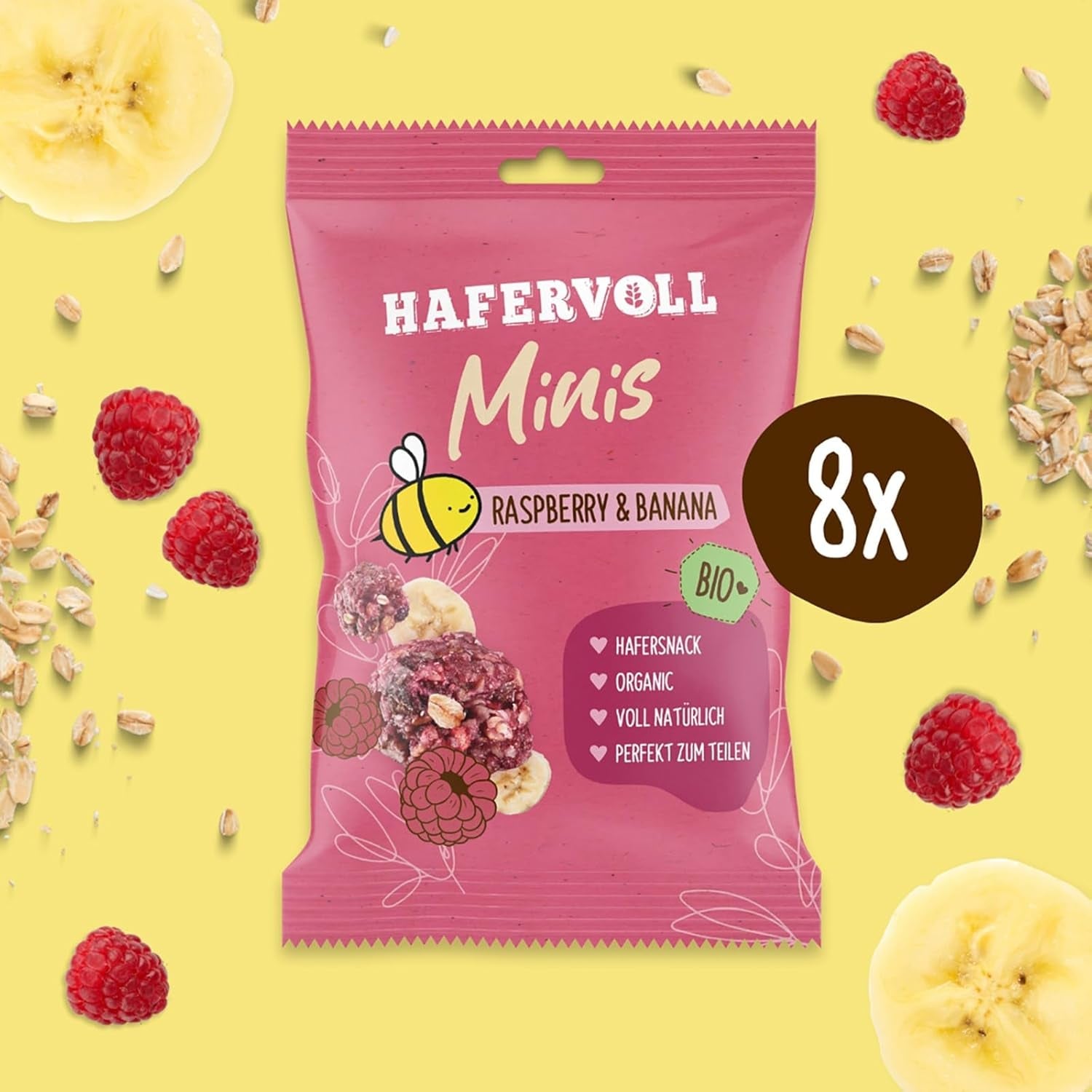 HAFERVOLL Minis Colza y Plátano 8x 65g - Certificado orgánico, con miel, sin azúcar añadido, perfecto para compartir