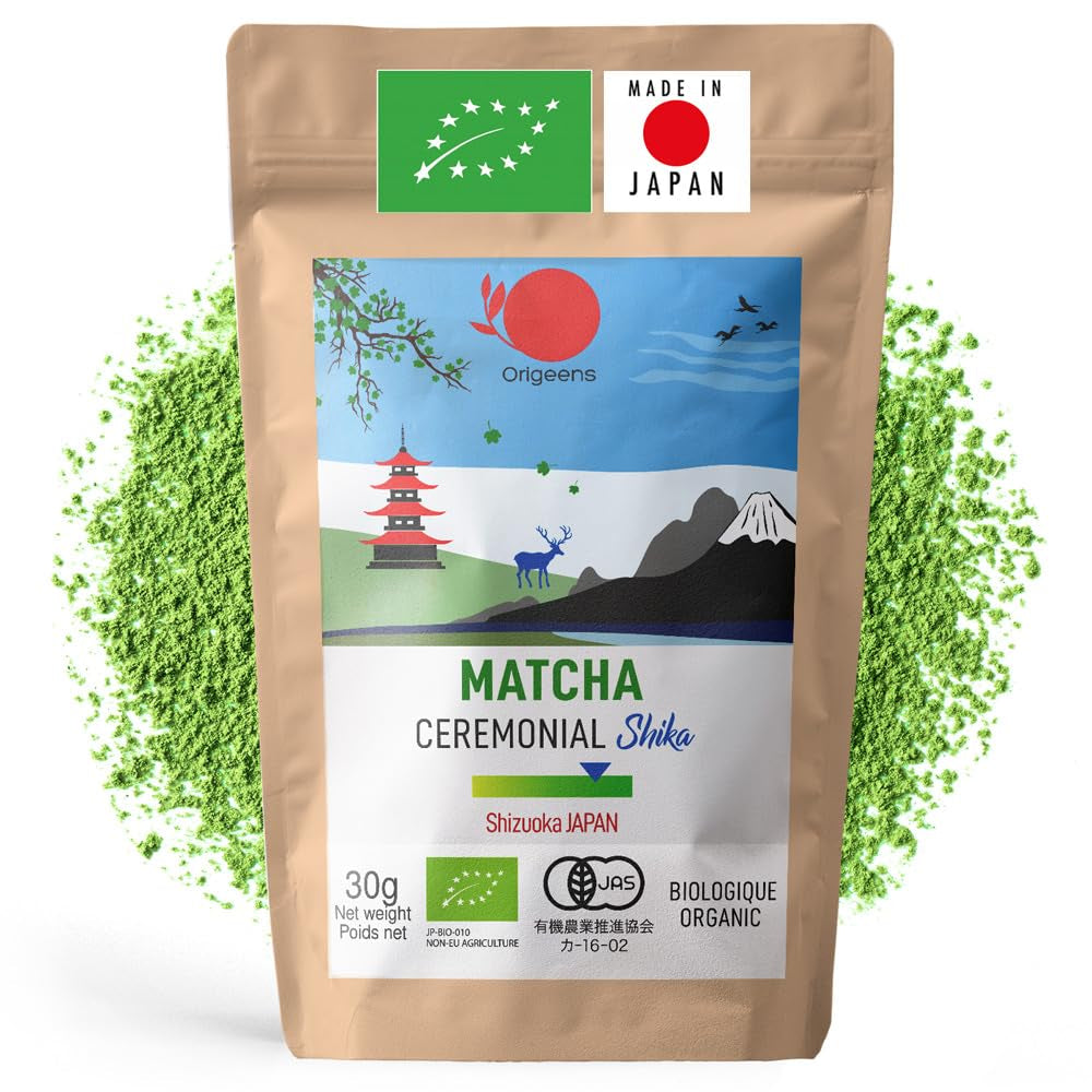 ORIGEENS BIO MATCHA CEREMONIAL GRADO "SHIKA" - Té Japonés Orgánico de Shizuoka - Matcha Latte/Usucha - Bolsa de Recarga de 30g - Té Verde Matcha Orgánico de Grado Ceremonial en Polvo
