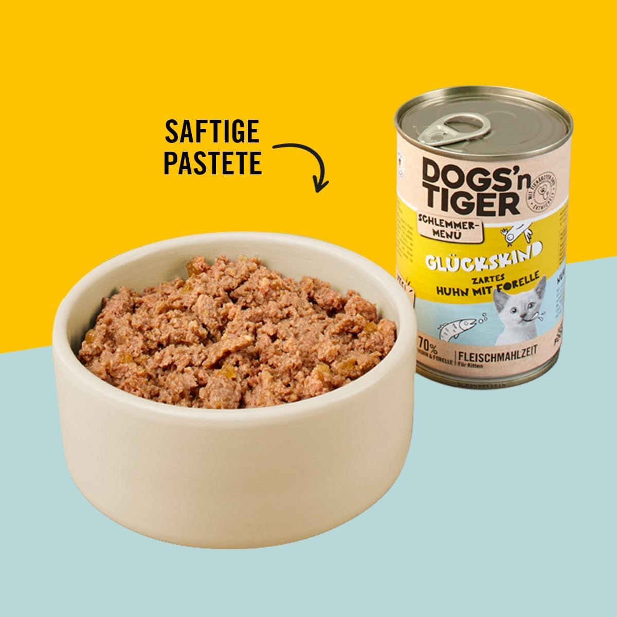 Dogs'n Tiger Schlemmermenü Glückskind, Nassfutter für Kätzchen, saftiges Hun und Forelle - ohne Getreide, Zuckerzusatz, künstliche Konservierungsstoffe, optima Verträglichkeit, 12x 200g