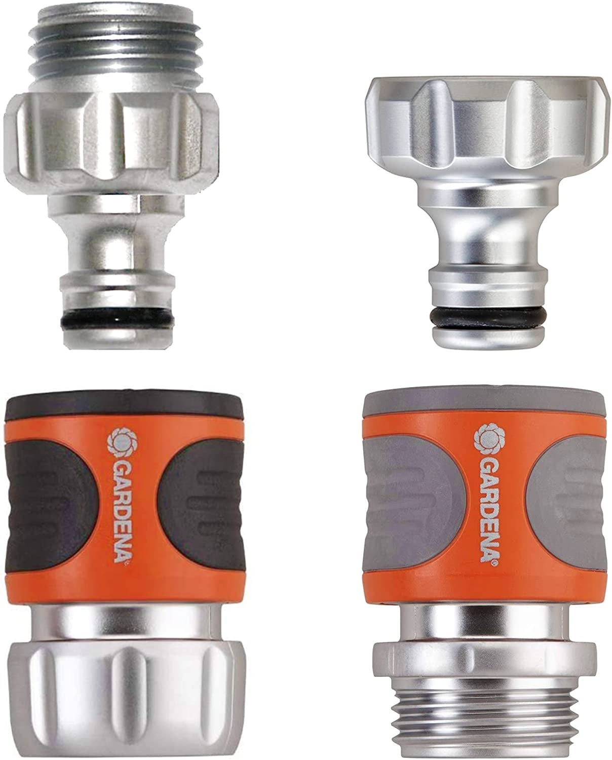 Gardena 39042-M Kit básico de acoplamiento rápido de metal para mangueras de jardín, acoplamientos rápidos y accesorios en segundos, 4 piezas, incluye adaptadores a prueba de fugas para enchufe y enchufe