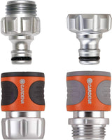 Gardena 39042-M Kit básico de acoplamiento rápido de metal para mangueras de jardín, acoplamientos rápidos y accesorios en segundos, 4 piezas, incluye adaptadores a prueba de fugas para enchufe y enchufe