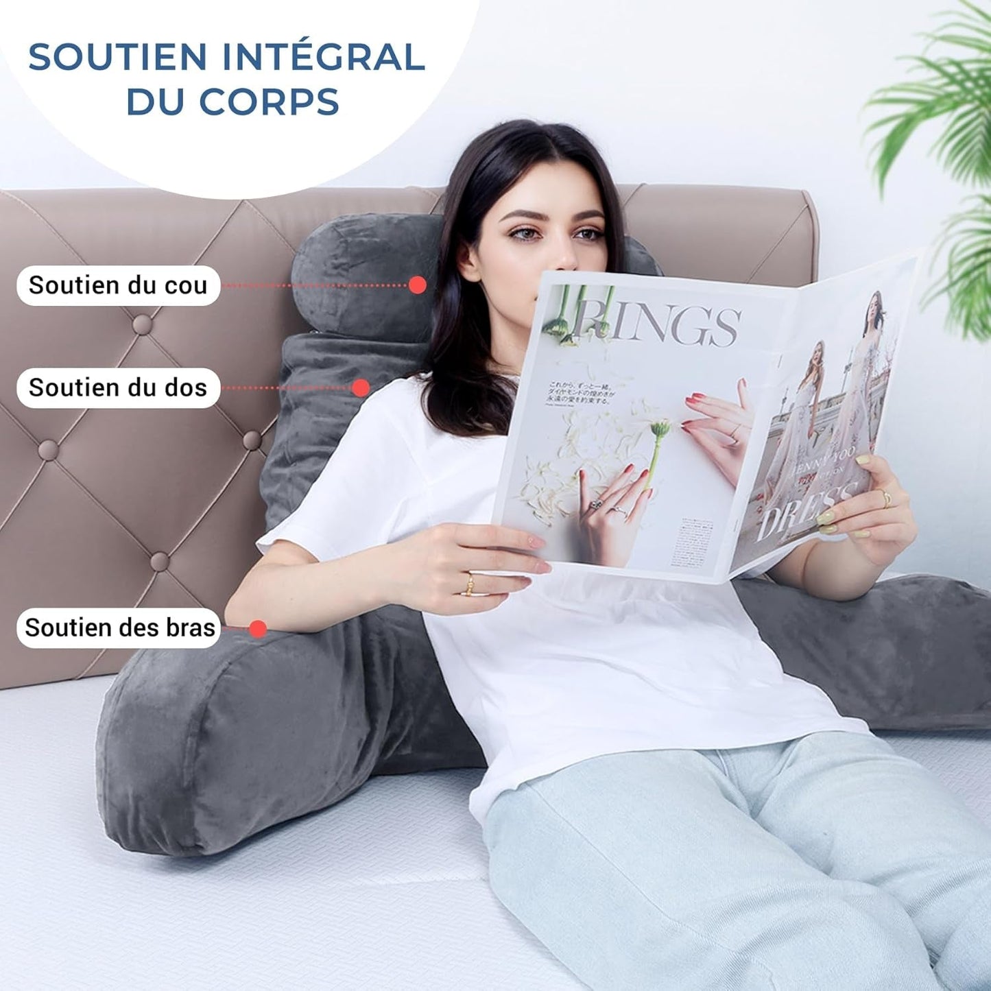 INFANTIA almohada de lectura ergonómica con reposabrazos y respaldo, grande, gris
