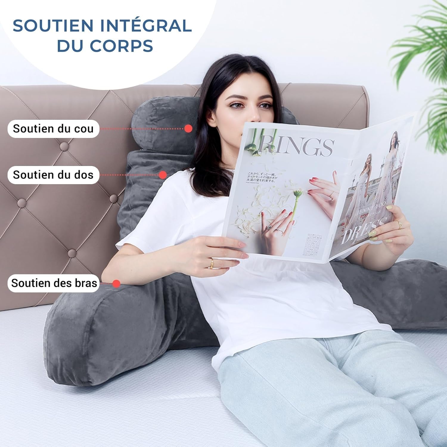INFANTIA almohada de lectura ergonómica con reposabrazos y respaldo, grande, gris