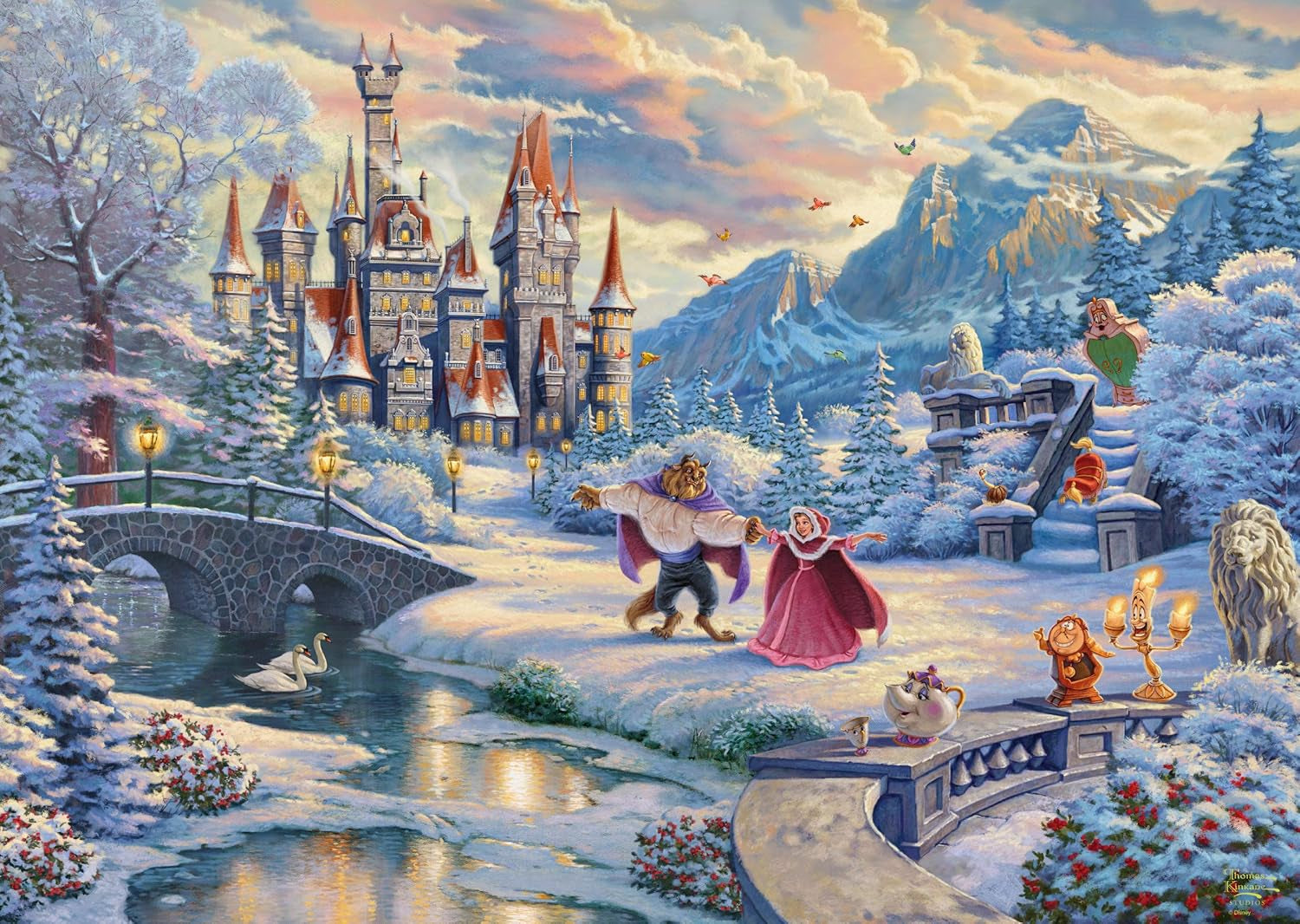 Schmidt Spiele 59671 Thomas Kinkade, Disney, La Bella y la Bestia, Noche mágica de invierno, rompecabezas de 1000 piezas Puzzle Naty Shop