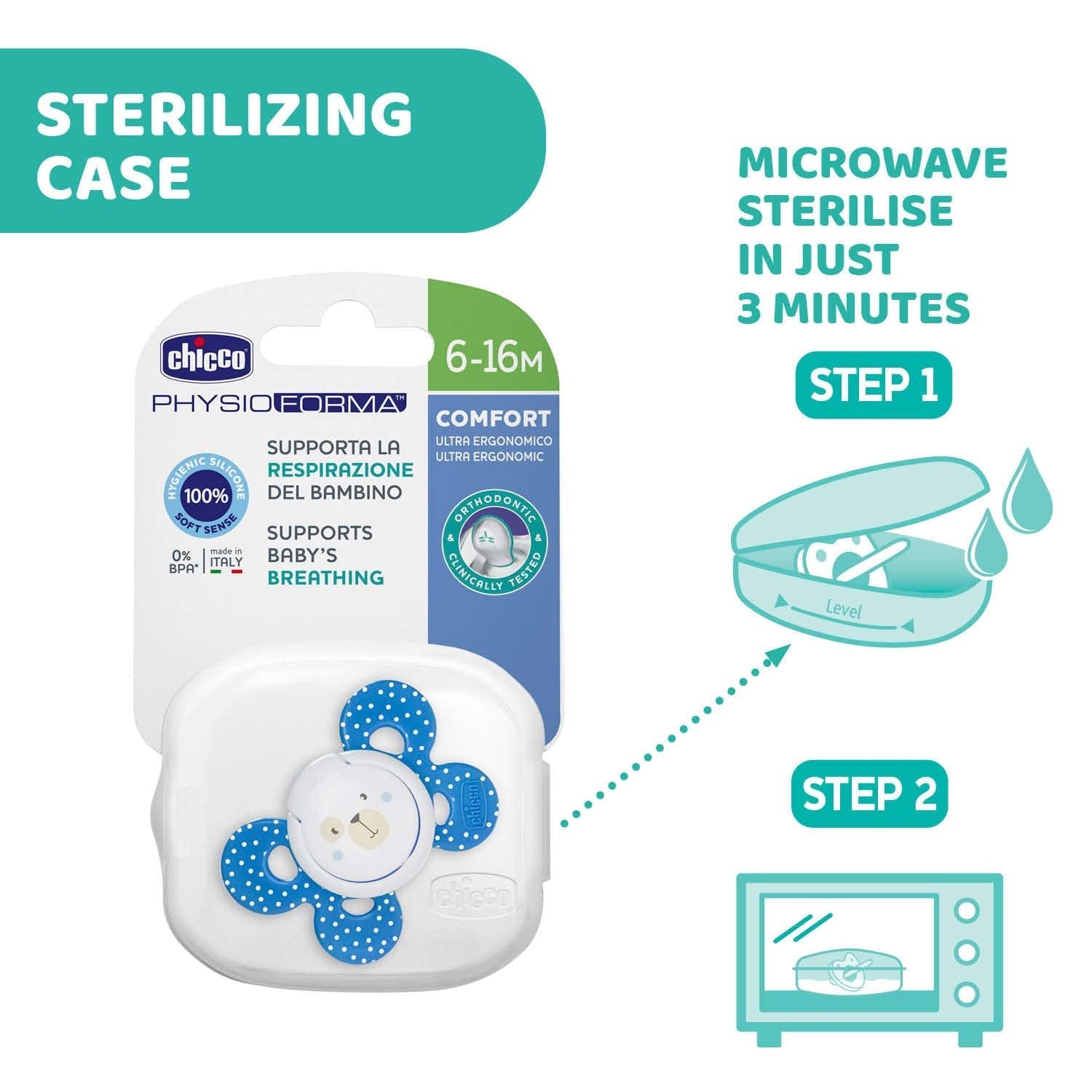 Chicco Chupete PhysioForma Comfort 6-16 meses, 1 pieza, chupete con tetina de silicona, favorece la respiración fisiológica y favorece el correcto desarrollo bucal, azul