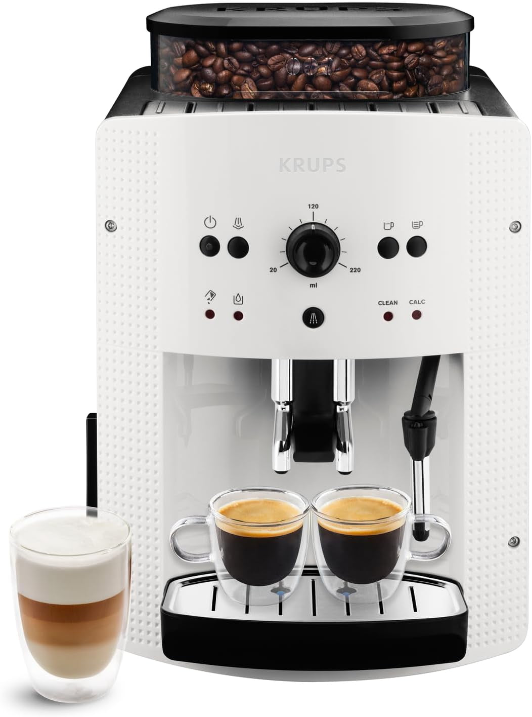 KRUPS Cafetera espresso automática Arabica Picto, diseño compacto, fácil de usar, control giratorio ajustable intuitivo, espumador de leche, función 2 tazas, cafetera espresso, negra, EA810870