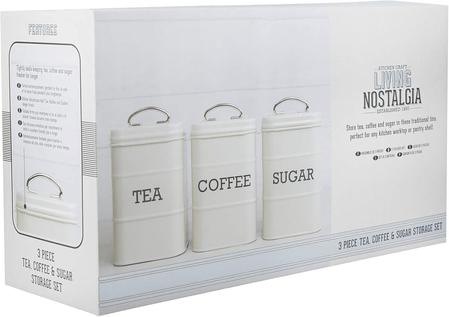 KitchenCraft Living Nostalgia Juego de 3 tarros de almacenamiento para té, azúcar y café en caja de regalo, acero, crema envejecida, 11 cm x 11 cm x 17 cm, cajas de almacenamiento de alimentos azul vintage Naty Shop