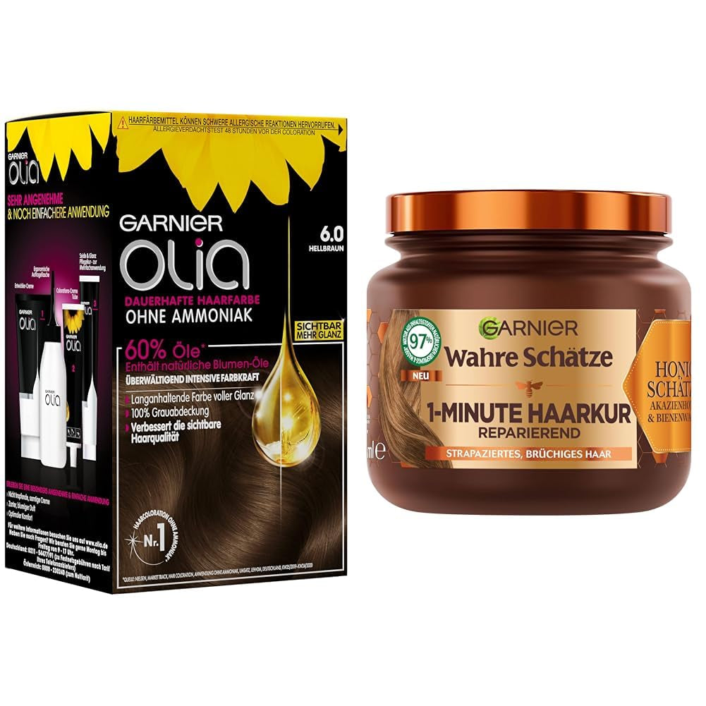 Garnier Olia Hair Color 6.0 Castaño Claro + Tratamiento Reparador True Treasures (340ml) para cabello dañado - coloración sin amoniaco, aceites naturales, cubre canas, miel y cera de abejas, menos rotura del cabello Tinte Naty Shop Coloración + tratamiento reparador