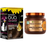Garnier Olia Hair Color 6.0 Castaño Claro + Tratamiento Reparador True Treasures (340ml) para cabello dañado - coloración sin amoniaco, aceites naturales, cubre canas, miel y cera de abejas, menos rotura del cabello Tinte Naty Shop Coloración + tratamiento reparador
