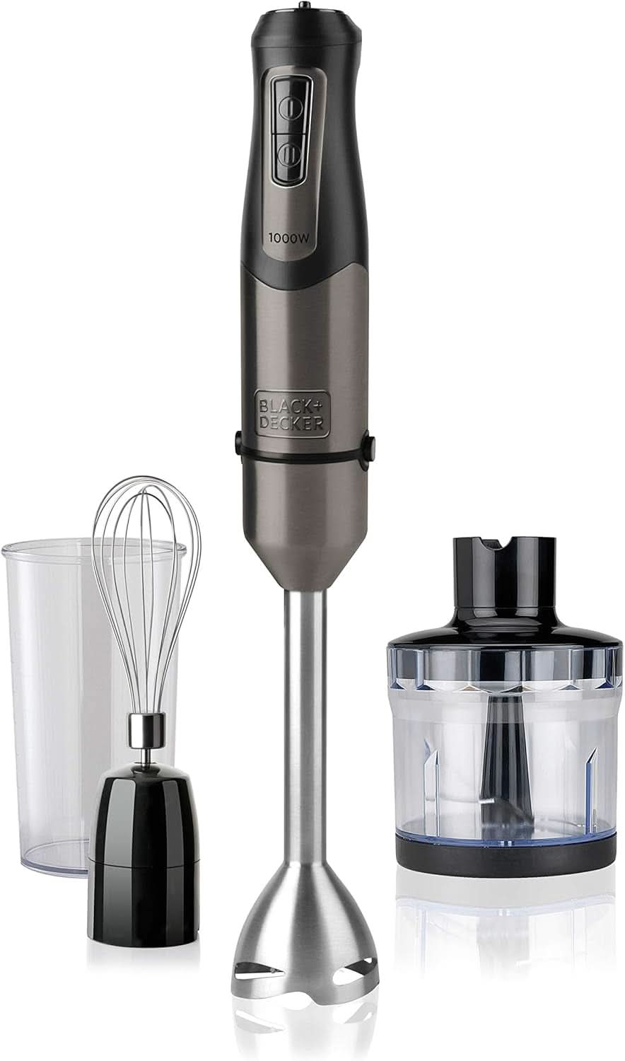 BLACK+DECKER Batidora de pie | BXHBA1500E | 1500 vatios | 20 velocidades | turbo | Edelstahl | Spritzchutz | Incluyendo Pürieraufsatz, Schneebesen, Zerkleinerer Und Messbecher Cocina Naty Shop Single 3 Zubehörteile 1000W