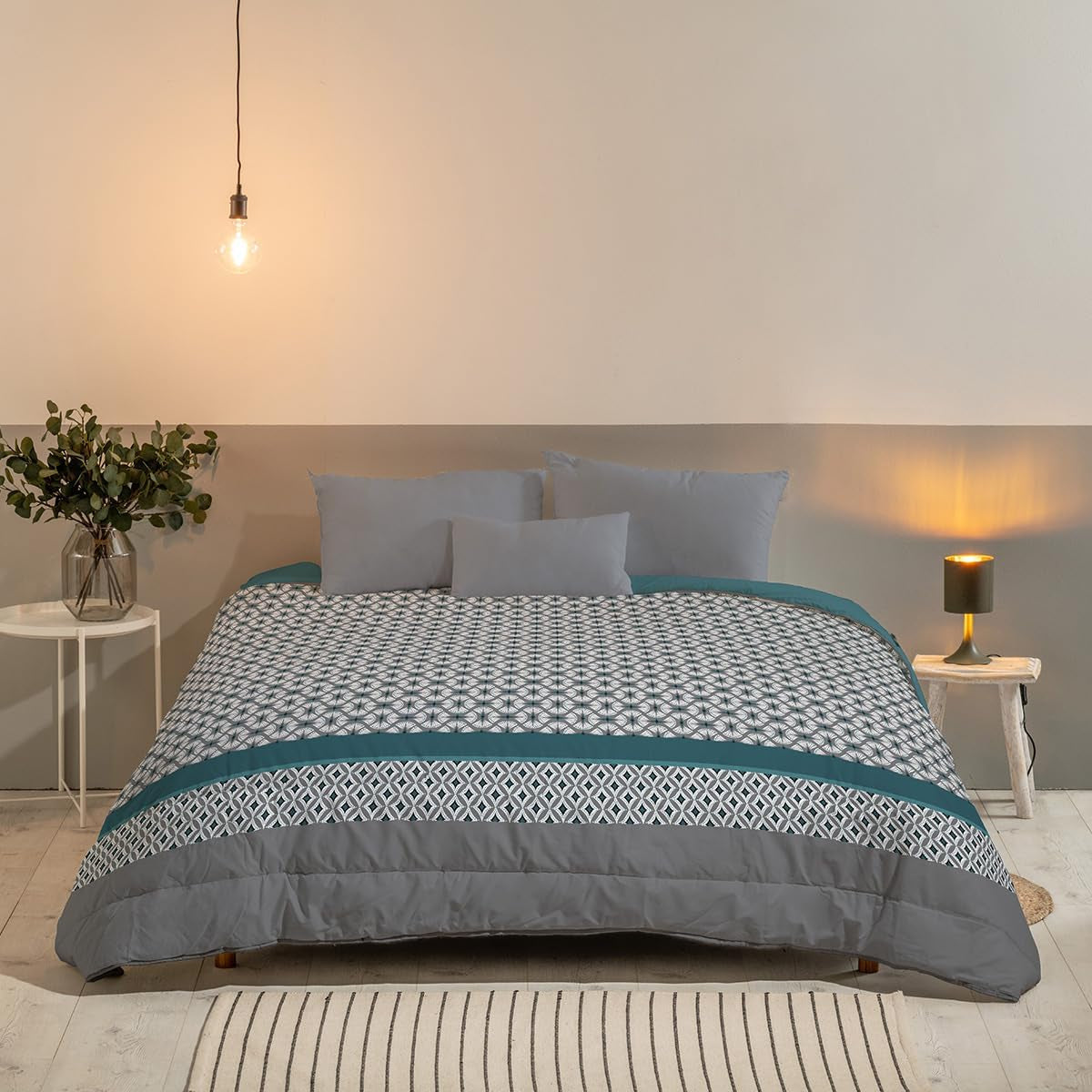 Bleu Câlin Edredón Hermance estampado 1 persona, poliéster, azul/gris, 140 x 200 cm Edredones y edredones Naty Shop Azul/gris/blanco 220 x 240 cm