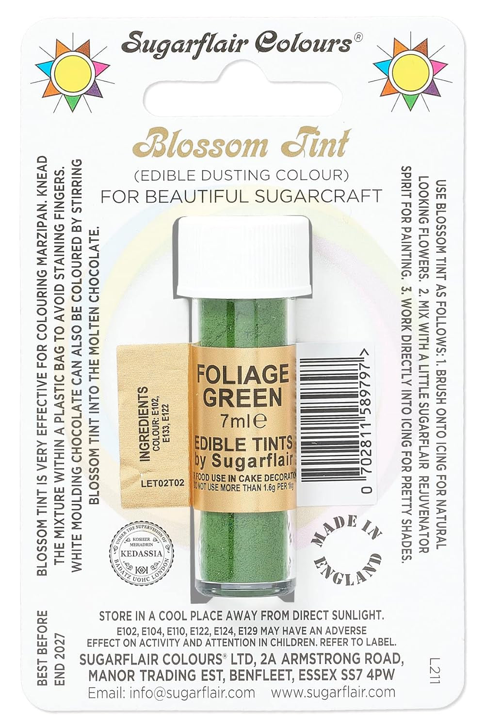Colorante alimentario en polvo Sugarflair Blossom Tint Dusting - Colorante alimentario en polvo para decorar pasta de azúcar coloreada, fondant, glaseado, chocolate, crema de mantequilla, macarrones - 7ml