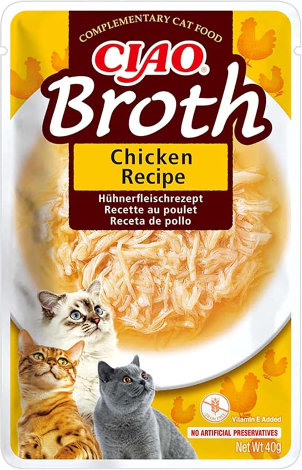 INABA Ciao Caldo Comida húmeda para gatos 88% humedad y vitamina E, sopa premium para gatos con pollo 40g (pack de 12), carne 100% natural, sin cereales, sin azúcar
