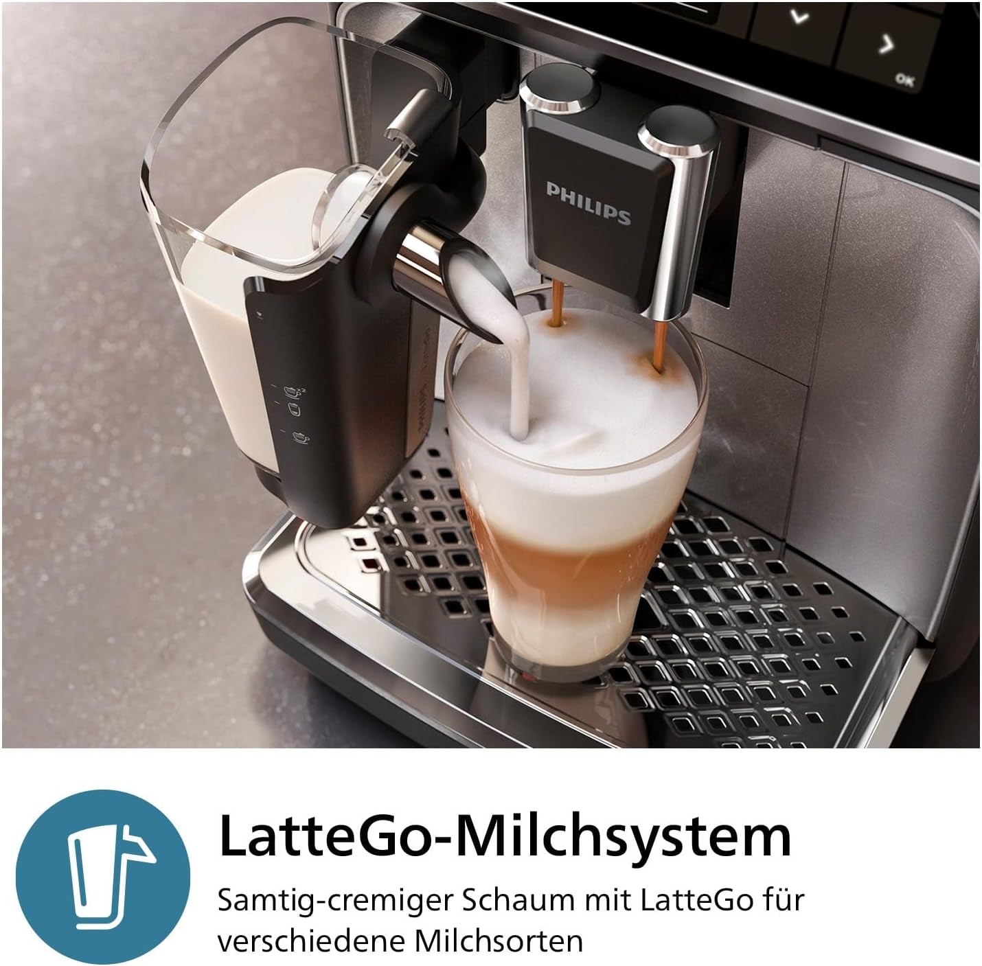 Cafetera espresso automática PHILIPS serie 3300 - 6 bebidas, moderna pantalla táctil a color, sistema de preparación de leche LatteGo, SilentBrew, molinillo 100% cerámico, filtro AquaClean. Cromo negro (EP3347/90)