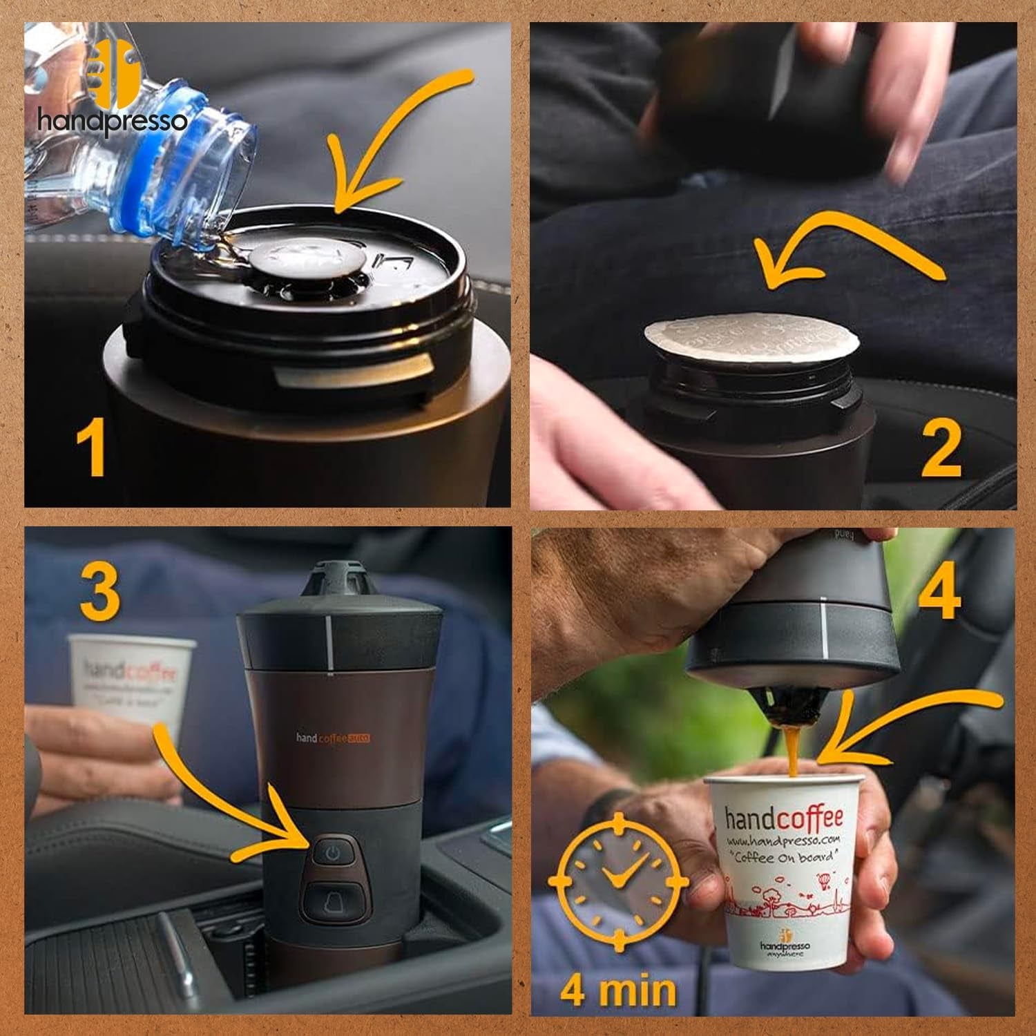 Handpresso - Handcoffee Auto 21000 | Máquina de café expreso para automóvil de 12 V - Máquina de café expreso de 12 voltios para automóviles | Cafetera espresso Senseo Pad para coches - Cafetera espresso de viaje de 12 V | Cafetera espresso de 12 voltios para autocaravanas