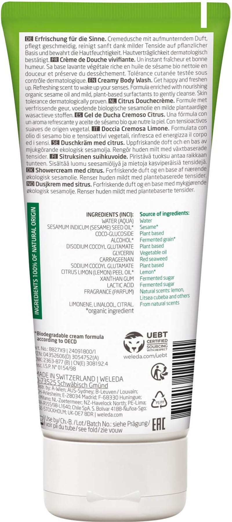 WELEDA Organic Refresh Shower Gel Vegan, gel de ducha unisex, sabor limón/naranja, 200 ml Naty Shop