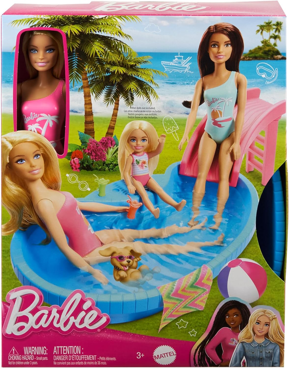 Muñeca Barbie y accesorios - piscina con tobogán y accesorios para horas de diversión bajo el sol, bañador rosa con diseño tropical, para niños a partir de 3 años, HRJ74
