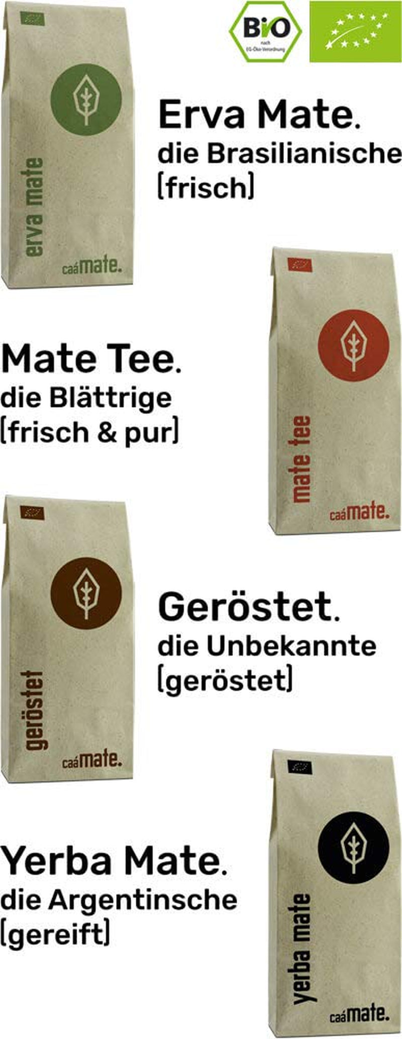 Set de degustación de Mate ● 4 variedades de Mate orgánico ● 100 g cada una Erva Mate + Yerba Mate + Mate Verde + Mate Tostado