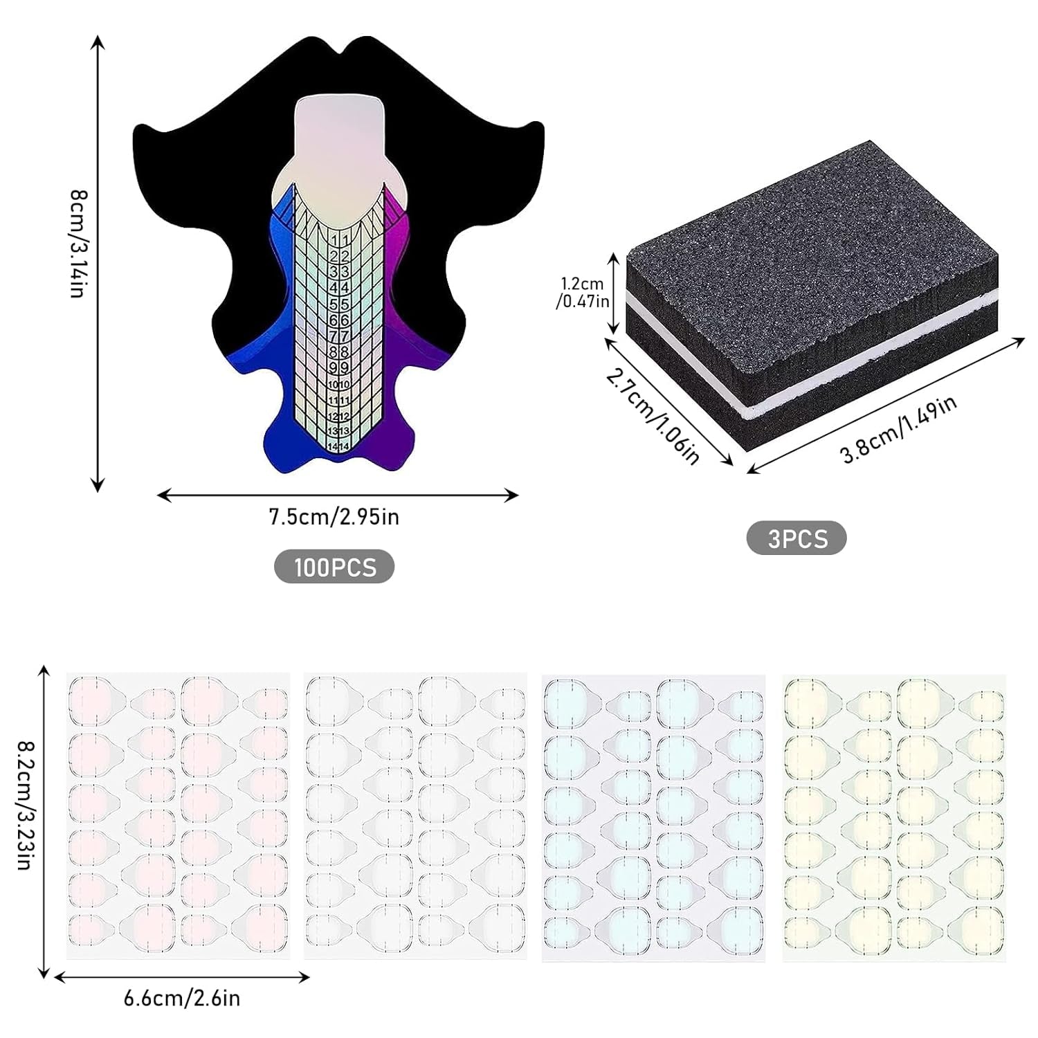 100 plantillas para decoración de uñas, plantillas de modelado autoadhesivas con 4 hojas de almohadillas adhesivas transparentes para uñas y 3 limas de uñas, accesorios de extensión de uñas de gel para uñas artificiales
