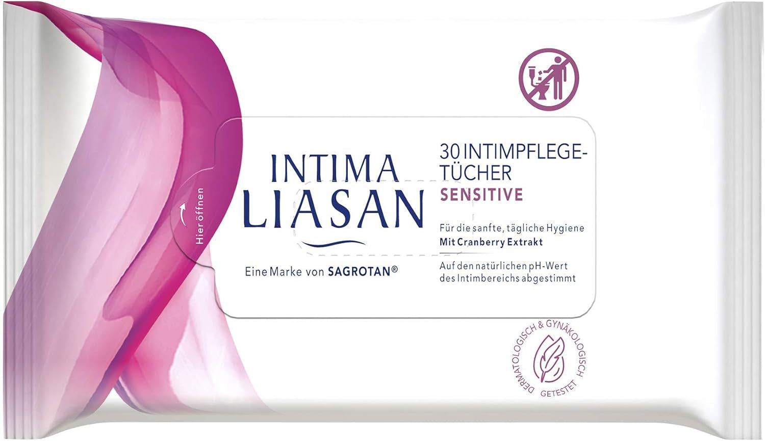 Intima Liasan de Sagrotan Compresas higiénicas íntimas Sensitive, sin jabón y sin alcohol, 30 unidades