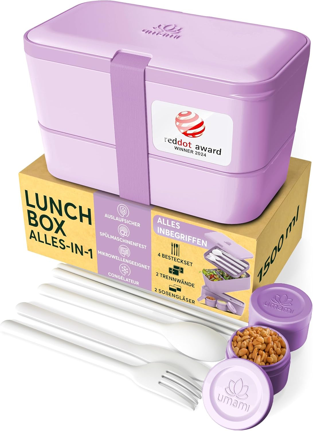 Umami Fiambrera para Adultos, Fiambrera Bento Apilable a Prueba de Fugas con 4 Cubiertos y Compartimentos, Fiambrera para Adultos, Contenedor de Ensalada para Llevar, Fiambrera para Picnic/Oficina, Gris Carbón, 1500ml