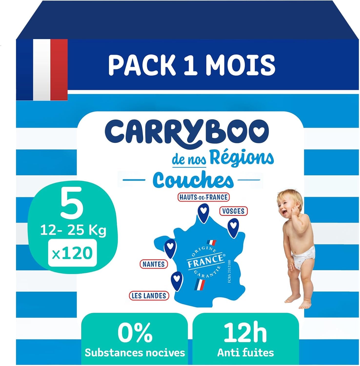 - Pañales talla 5 (12-25 kg) - Sanos y muy absorbentes - Protección contra fugas 12 horas - Sin sustancias no deseadas - Fabricado en Francia - Precio asequible - 120 pañales desechables