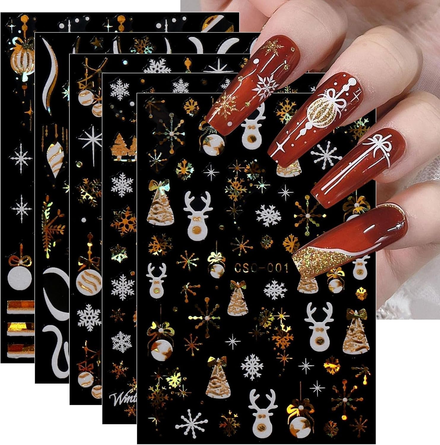 JMEOWIO Nagelsticker Weihnachten Gold Glitter Silver 8 Blatt Nail Art Sticker Selbstklebend Nagelaufkleber Schneeflocke Winterurlaub Dekoration Nageldesign Zubehör