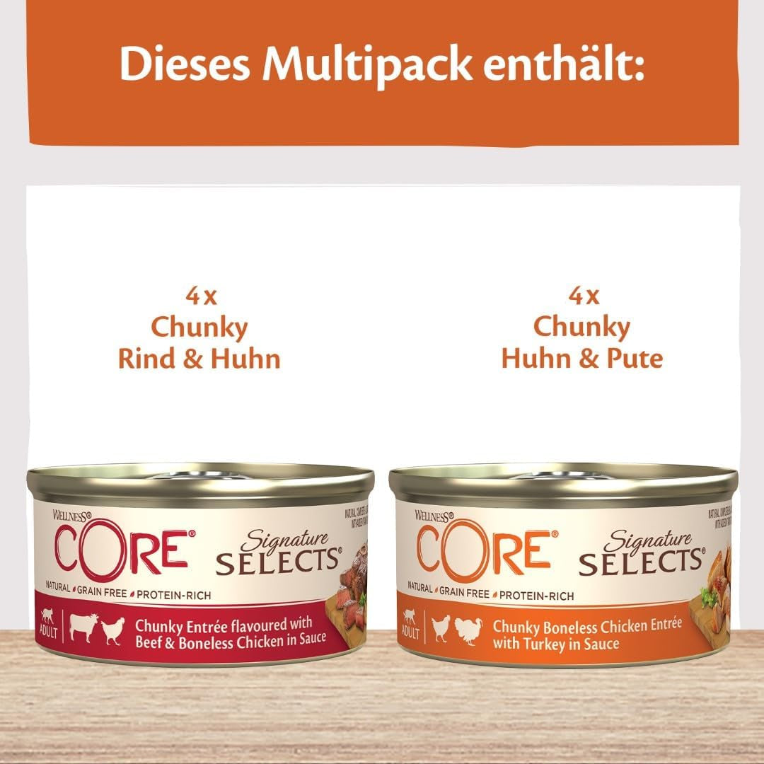 Wellness CORE Signature Selects 8 x 79 g, Mezcla de Carne de Res, Pollo y Pavo - Comida húmeda para gatos, deliciosas tiras en salsa, sin cereales, natural, hipoalergénica, alta en proteínas, alta en carne