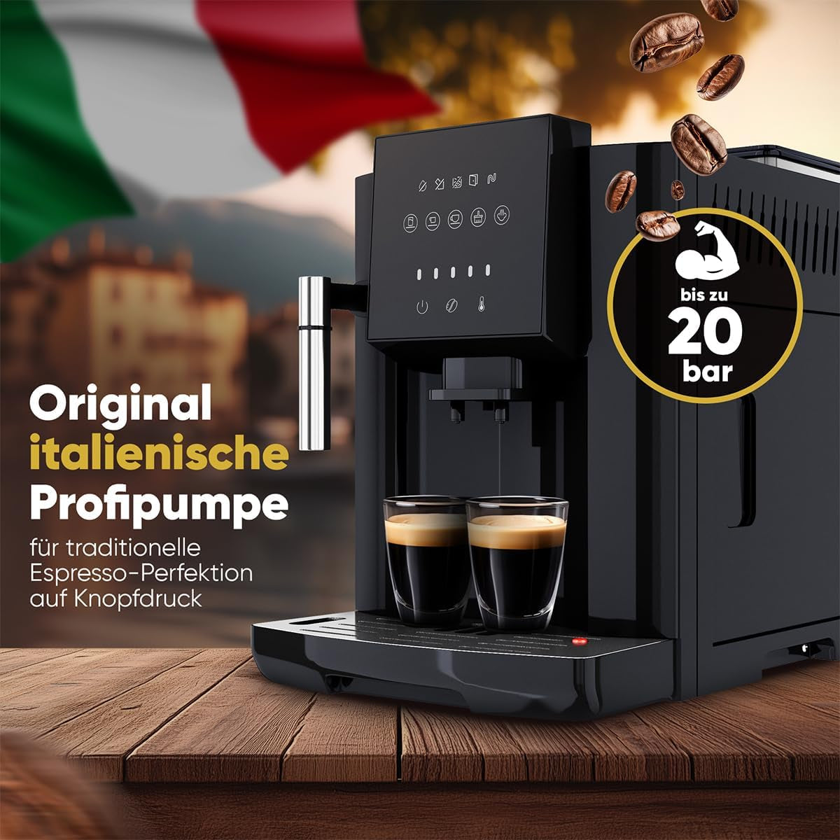 Cafetera espresso ProfiCook® totalmente automática con espumador de leche para capuchino | Molinillo cónico | con función de calentamiento de tazas | Bomba profesional italiana | Pantalla táctil | Café expreso | PC KAV 1281