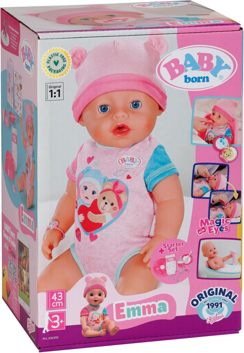 BABY Born Emma - muñeca bebé 43 cm - 10 funciones incluidos accesorios y colchón - Funciona completamente sin pilas - Apto para niños a partir de 3 años