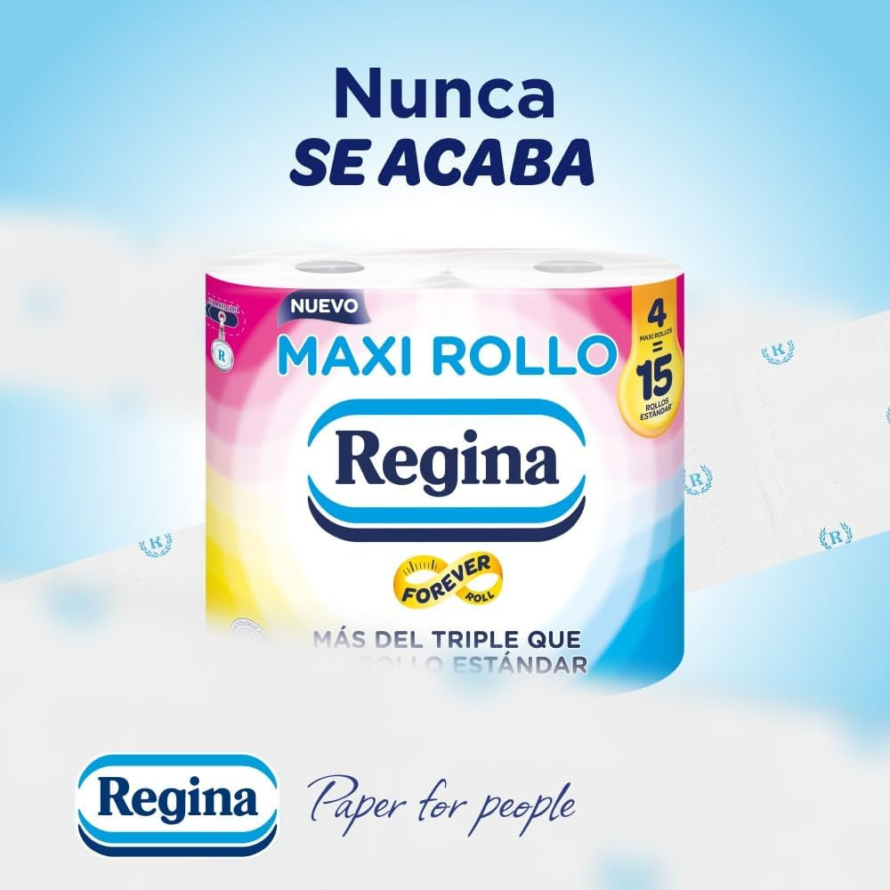 Regina Maxi Roll: 4 rollos de papel higiénico, 500 hojas de 2 capas por rollo, más de tres veces un rollo estándar, embalaje de plástico 60 % reciclado, papel 100 % certificado Fsc