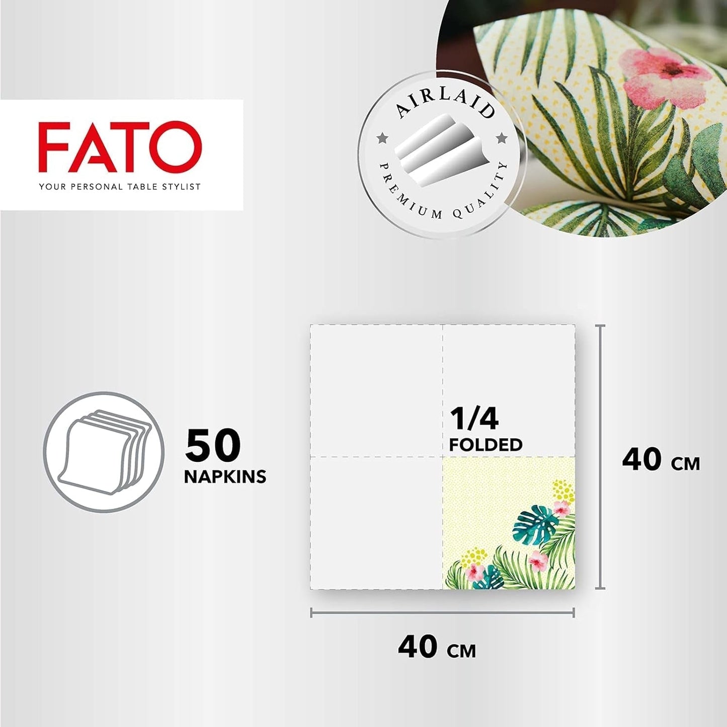 Fato - Servilletas de papel seco, airlaid, efecto textil, paquete de 50 servilletas, 40X40 plegadas en formato 4, Tropicana Decor