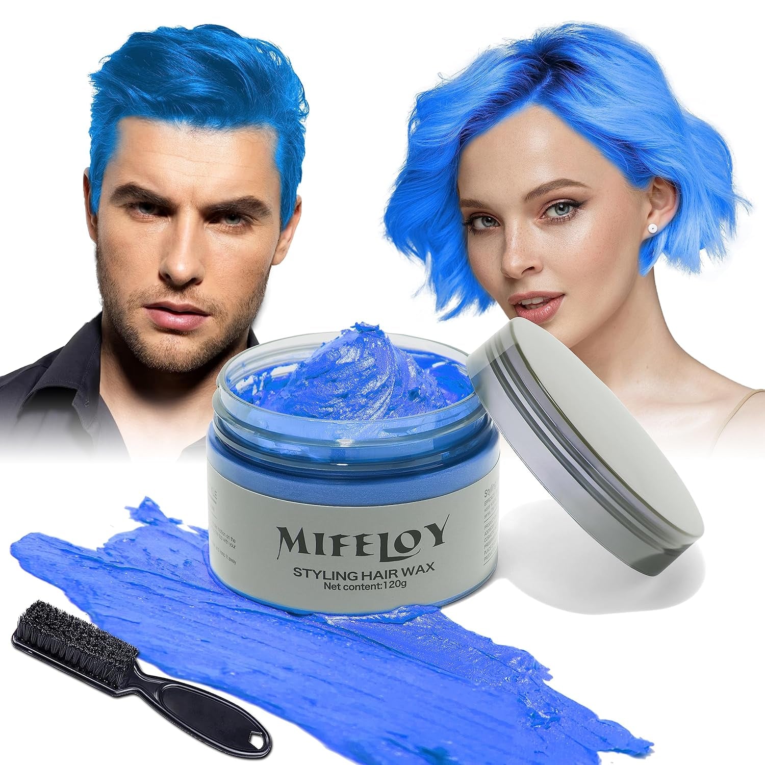4.23 oz tinte de cabello morado color de cabello temporal con cepillos, hombres mujeres peinado cera tono de cabello, crema para el cabello instantáneo barro natural peinado pomada, DIY Cosplay Halloween cera para el cabello tinte para el cabello Naty Shop Azul